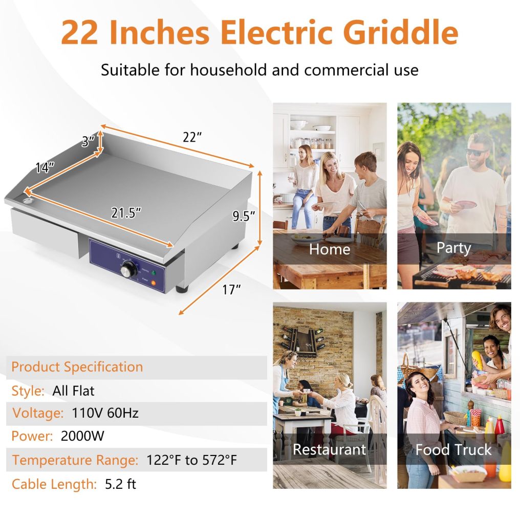 ARLIME Commercial Electric Griddle, 2000W 22” Flat Top Griddle, Stainless Steel Frame & Adjustable Temperature Control