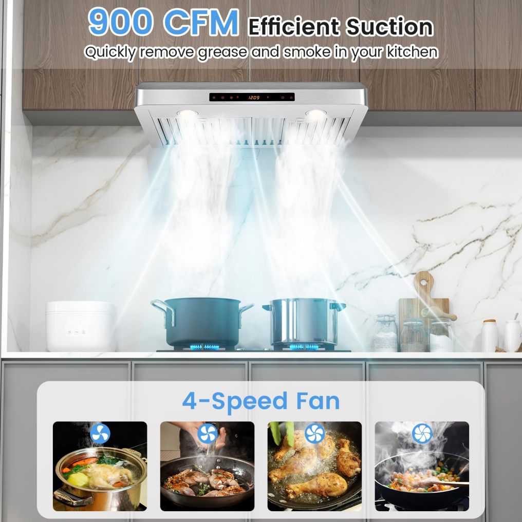 ARLIME 30 Inches Range Hood, 900CFM Stainless Steel Stove Vent Hood w/ 4-Speed Fan, Gesture Control, 2 LED Lights, Dishwasher-Safe Baffle Filters