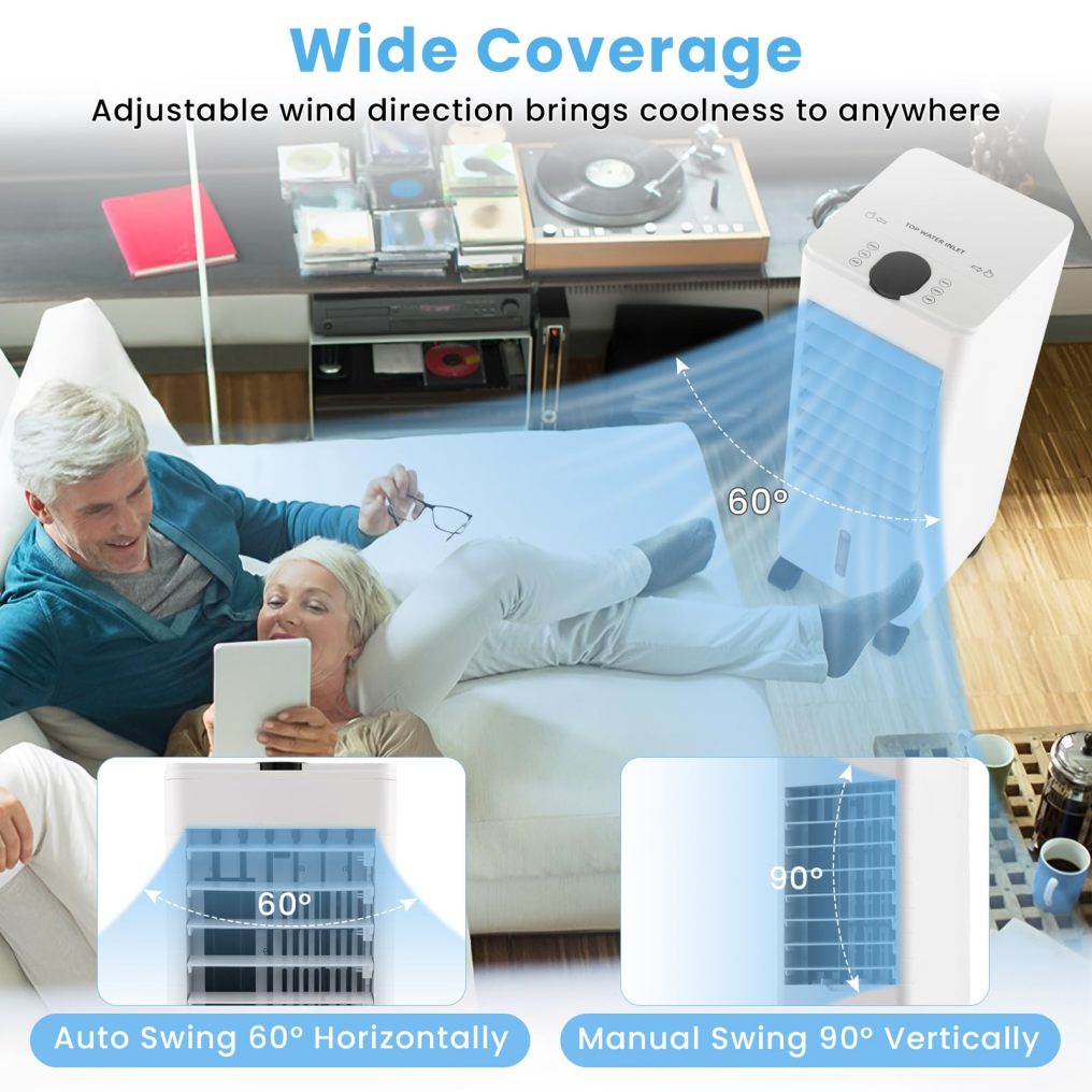ARLIME Evaporative Air Cooler, 3-in-1 Quiet 60° Oscillation Fan with Remote Control, 2 Ice Packs, 3 Speeds, 3 Modes, 12H Timer