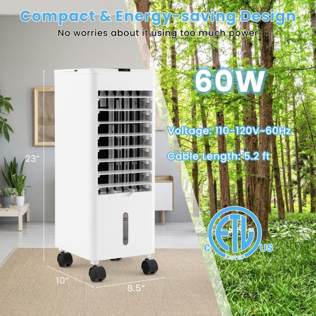 Evaporative Air Cooler, 3-in-1 Quiet 60° Oscillation Fan with Remote Control, 2 Ice Packs, 3 Speeds, 3 Modes, 12H Timer