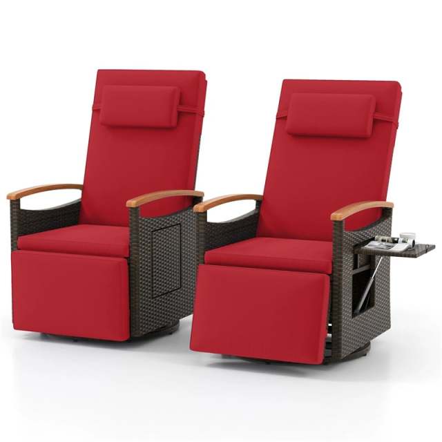 2PCS Outdoor 360° Swivel Rattan Recliner Chair, Patio Wicker Chaise Lounge Chair with Flip Side Table, Cushion, Adjustable Backrest & Footrest