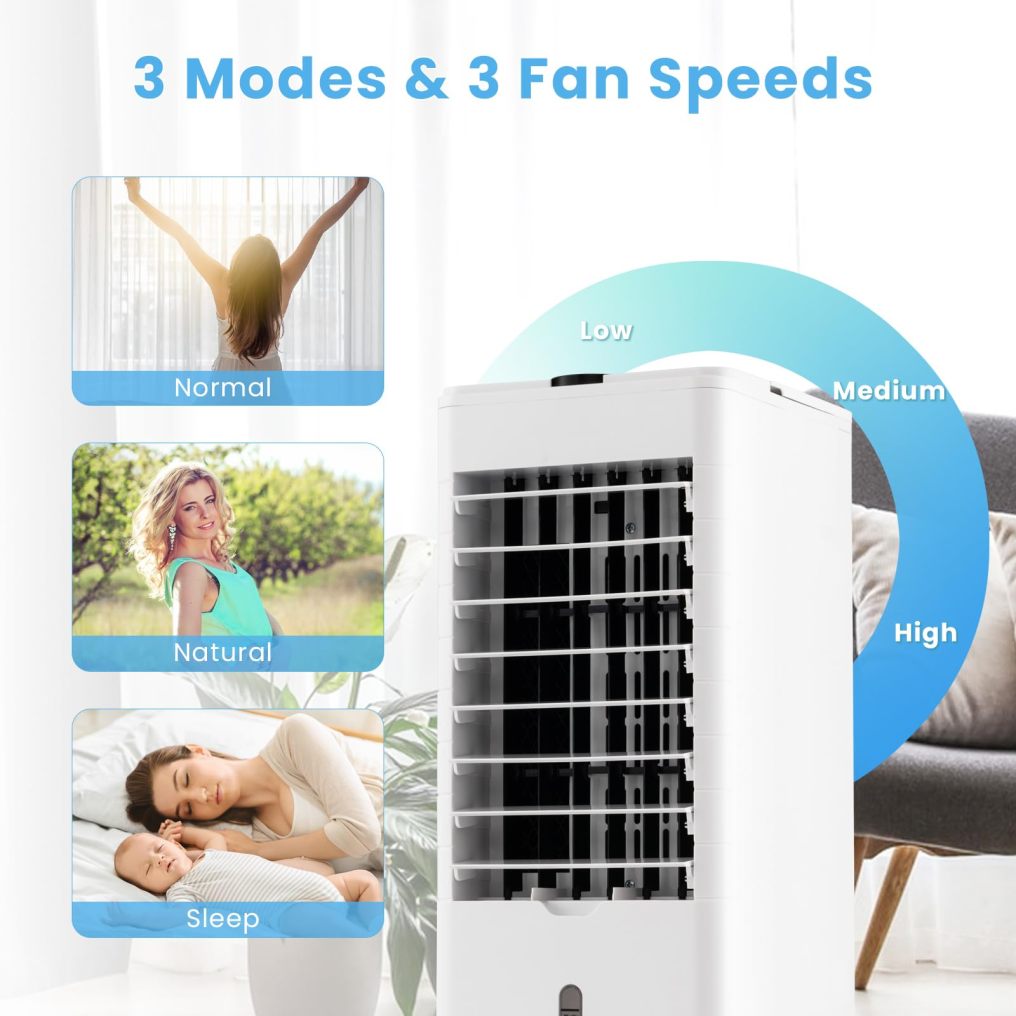 ARLIME Evaporative Air Cooler, 3-in-1 Quiet 60° Oscillation Fan with Remote Control, 2 Ice Packs, 3 Speeds, 3 Modes, 12H Timer