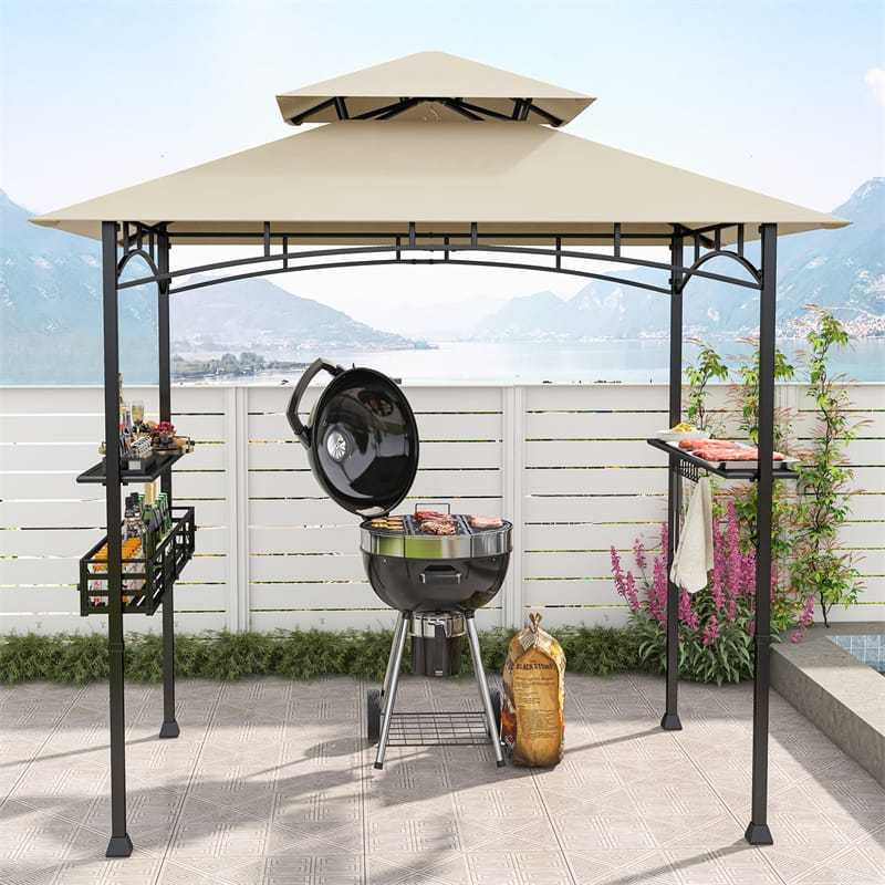 8x5 FT Grill Gazebo, 2-Tier Canopy Top Barbecue Gazebo with 2 Shelves, Storage, 20 Hanging Hooks & Metal Frame for Backyard, Poolside BBQs
