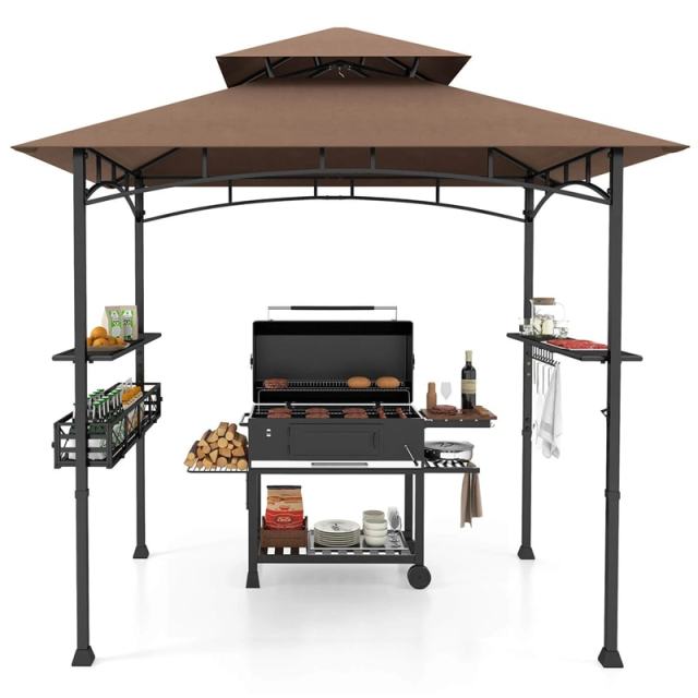 8x5 FT Grill Gazebo, 2-Tier Canopy Top Barbecue Gazebo with 2 Shelves, Storage, 20 Hanging Hooks & Metal Frame for Backyard, Poolside BBQs