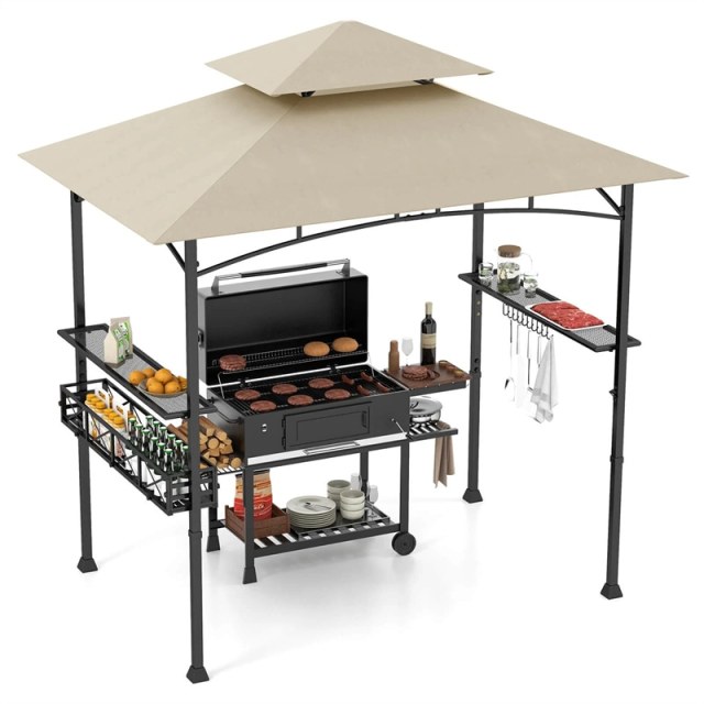 8x5 FT Grill Gazebo, 2-Tier Canopy Top Barbecue Gazebo with 2 Shelves, Storage, 20 Hanging Hooks & Metal Frame for Backyard, Poolside BBQs
