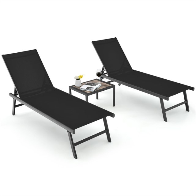 3-Piece Outdoor Aluminum Chaise Lounge Set with Side Table, 6-Position Adjustable Backrest Patio Lounge Chair for Poolside & Backyard