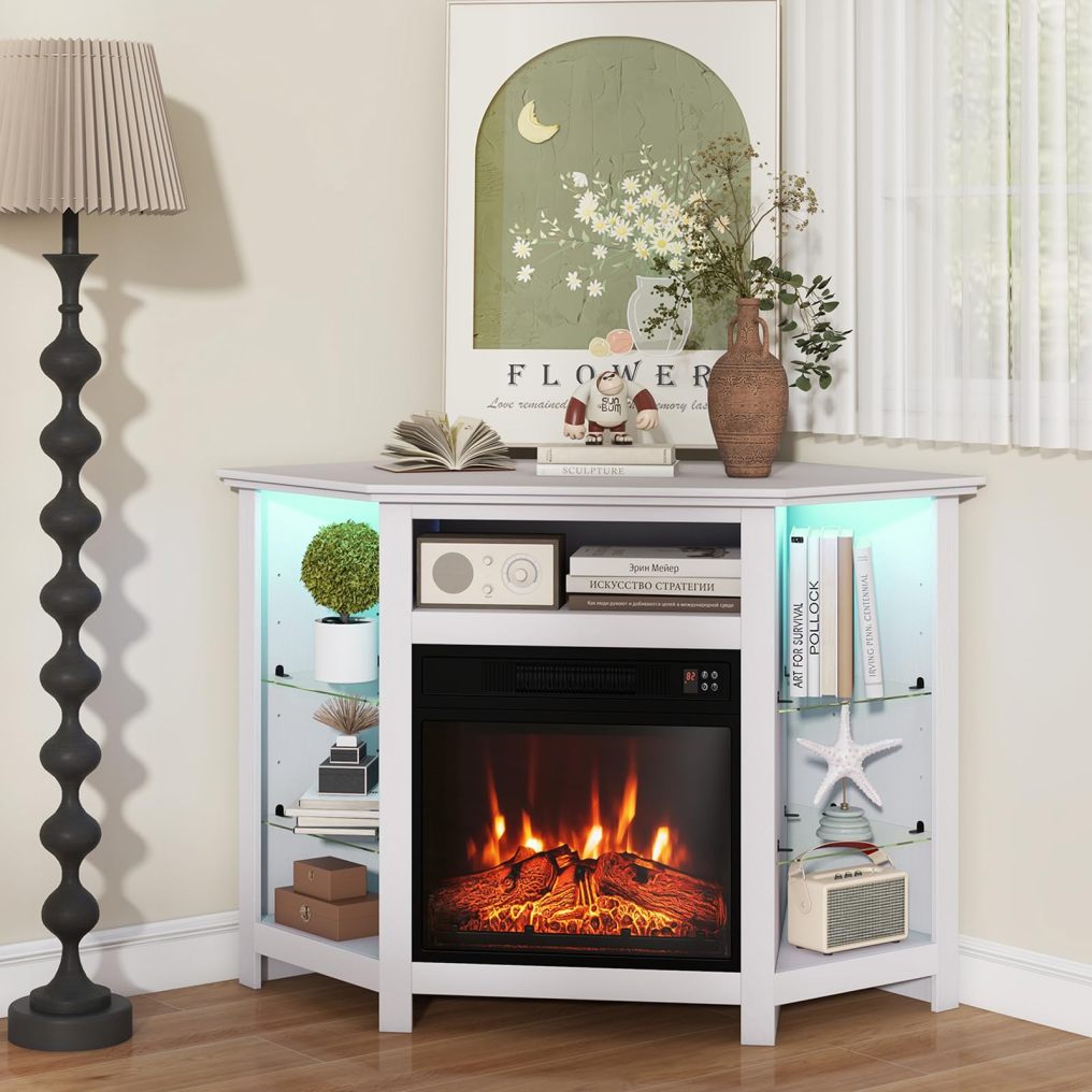 ARLIME Corner Fireplace TV Stand with LED Lights for TVs up to 50”, Modern Entertainment Center with Electric Fireplace