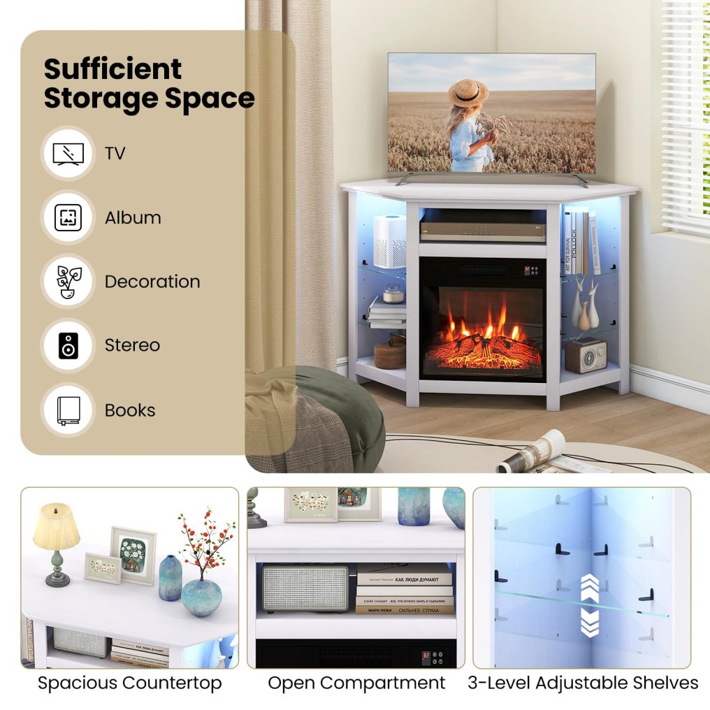 ARLIME Corner Fireplace TV Stand with LED Lights for TVs up to 50”, Modern Entertainment Center with Electric Fireplace