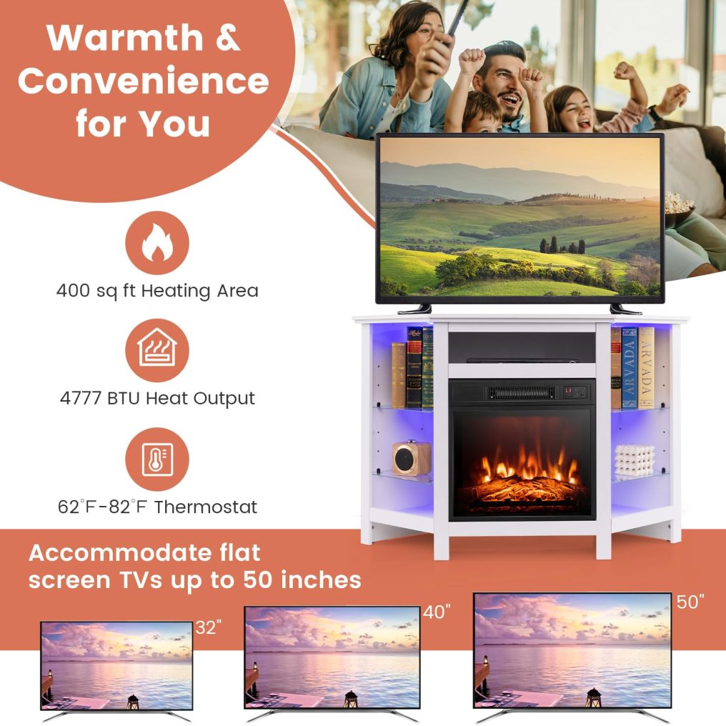 ARLIME Corner Fireplace TV Stand with LED Lights for TVs up to 50”, Modern Entertainment Center with Electric Fireplace