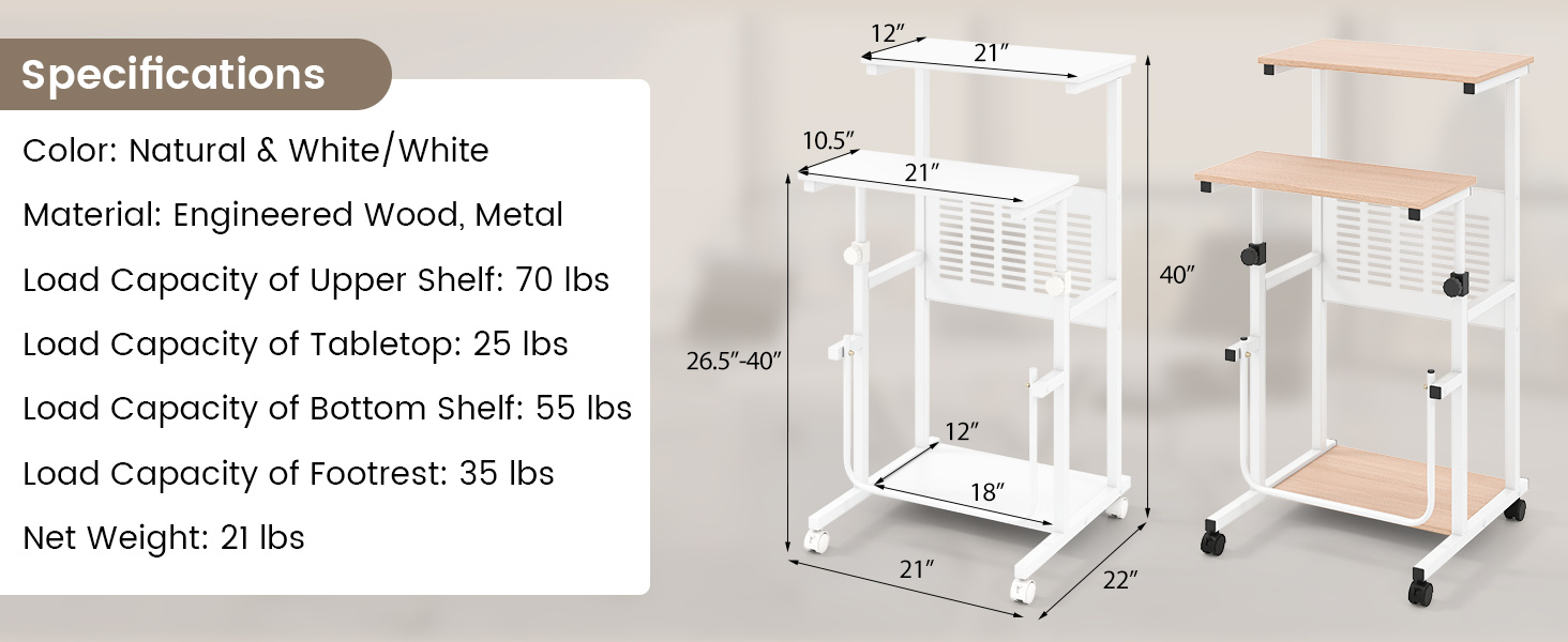 Height Adjustable Mobile Computer Stand-Up Desk with Two Modes