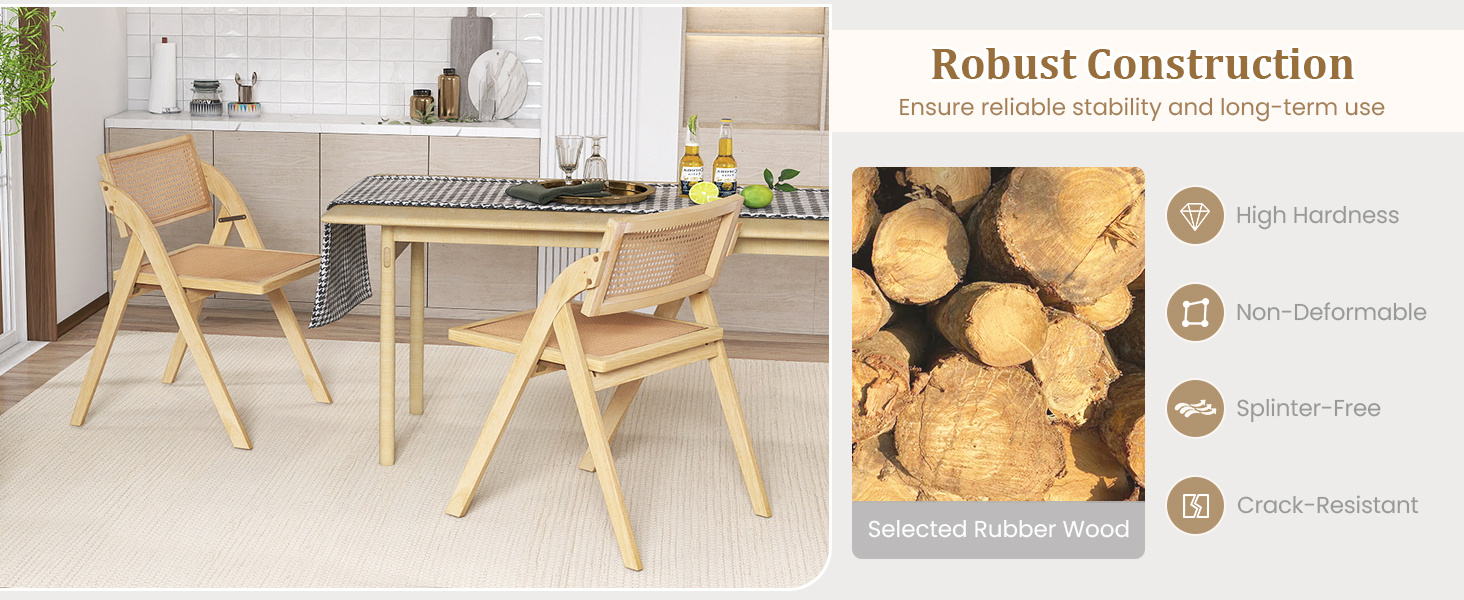 Foldable Dining Chairs Set of 2 with Woven Rattan Backrest