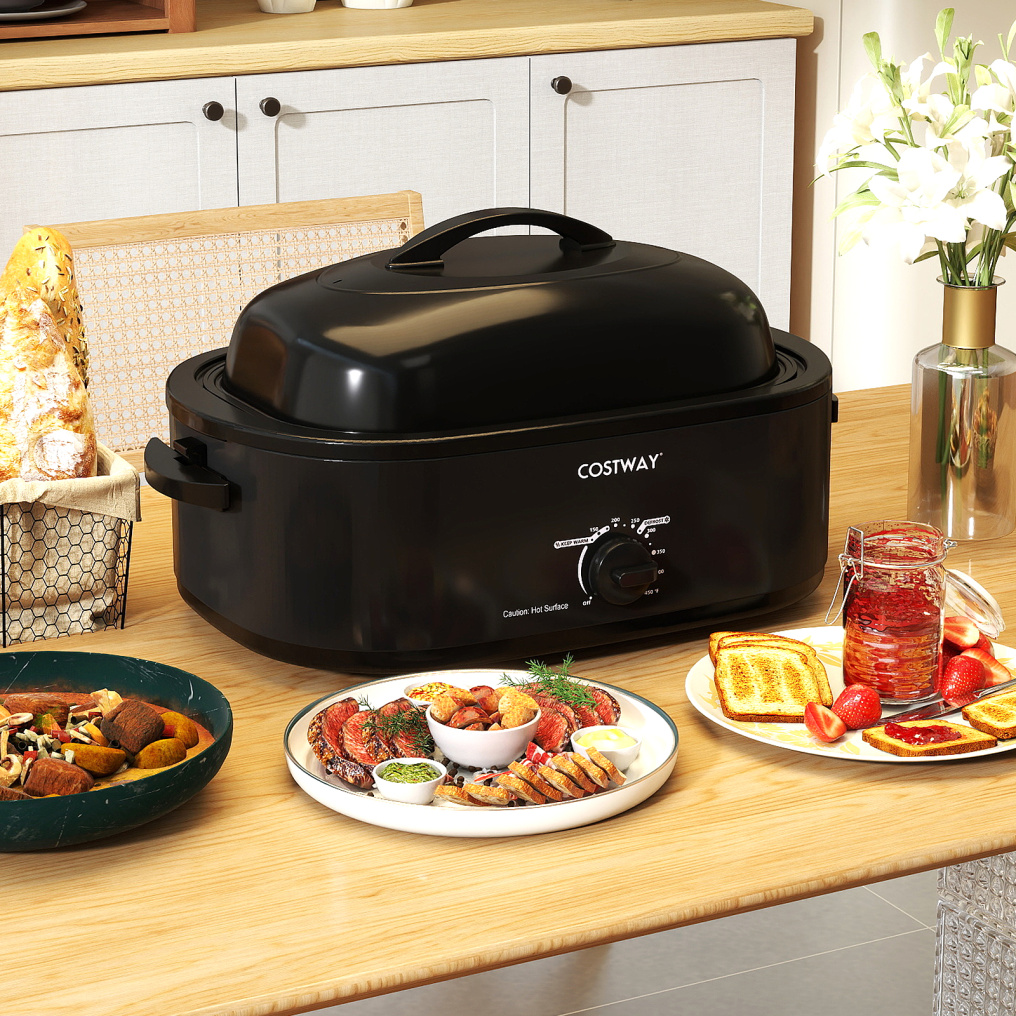 18QT Electric Roaster Oven with Self-Basting Lid Turkey Roaster with Removable Pan-Black