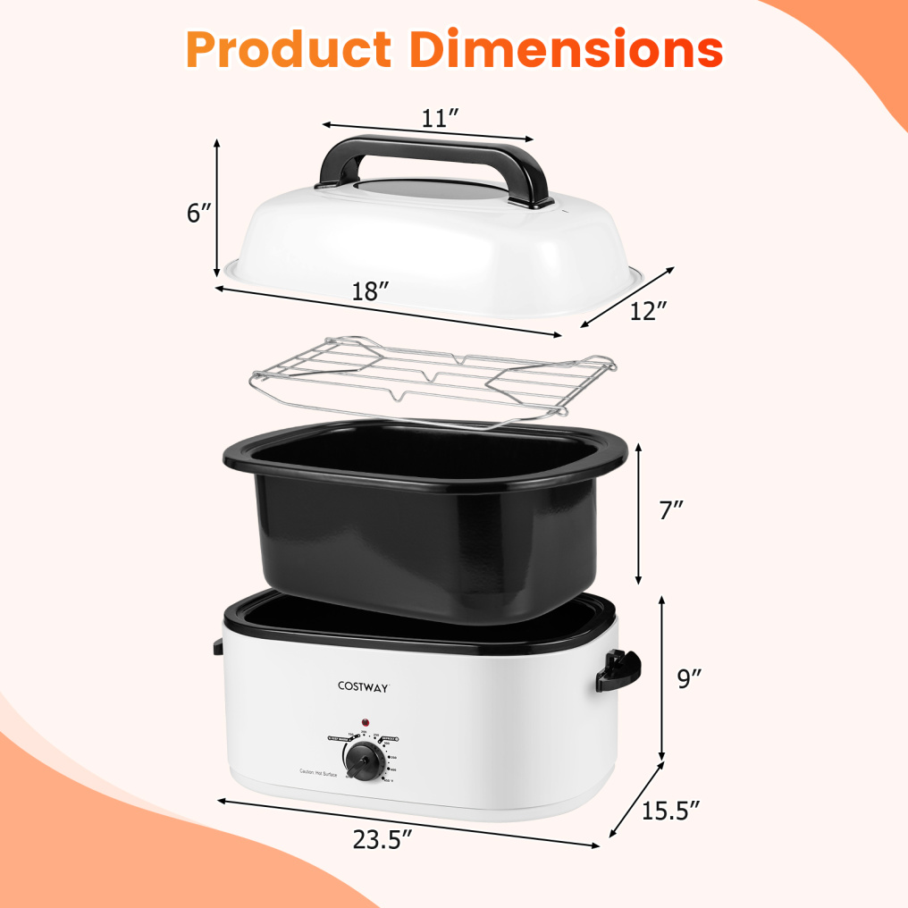 22QT Electric Roaster Oven Turkey Roaster with Visible and Self-Basting Lid-White