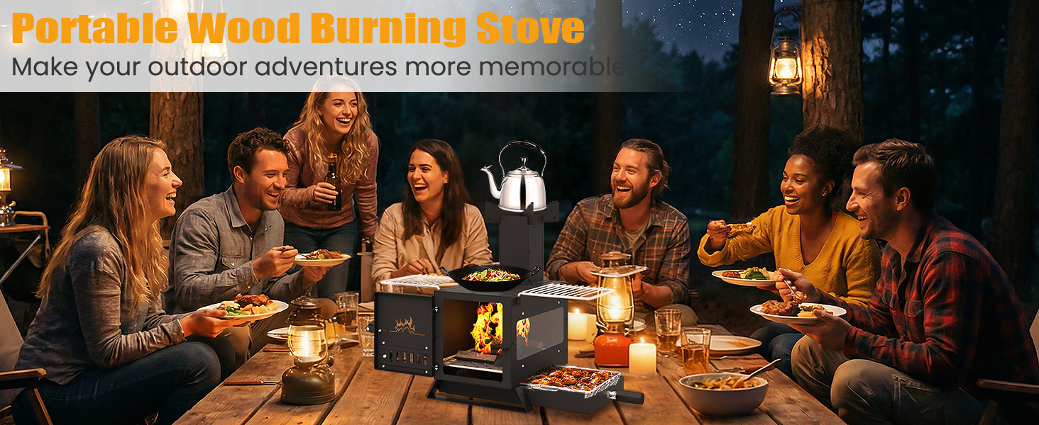 Portable Wood Burning Stove Mini Heater Burner with Pot Rack Oven Pan