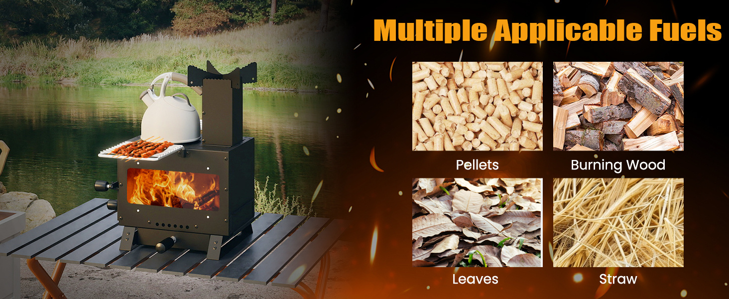 Portable Wood Burning Stove Mini Heater Burner with Pot Rack Oven Pan