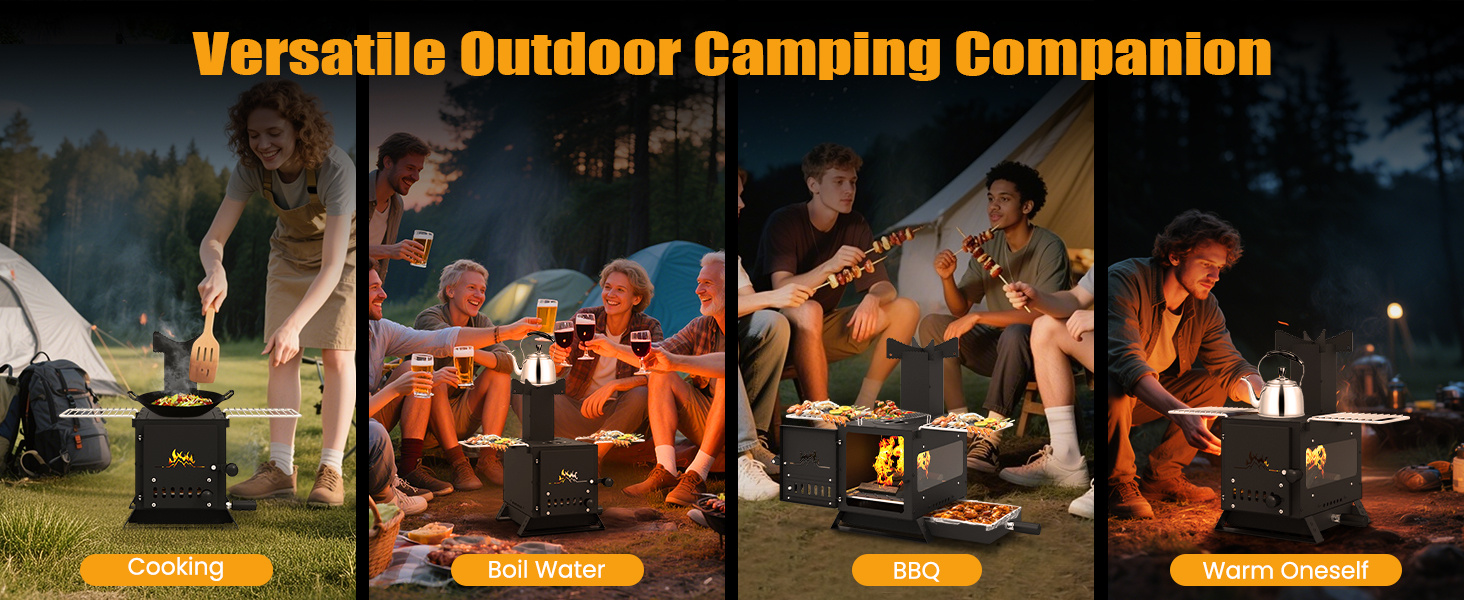 Portable Wood Burning Stove Mini Heater Burner with Pot Rack Oven Pan