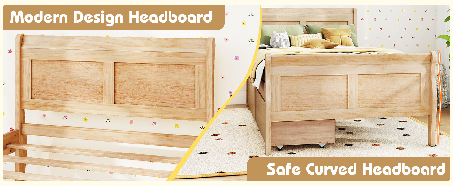 Twin Size Sleigh Bed with 2 Storage Drawers Wood Platform Bed Frame