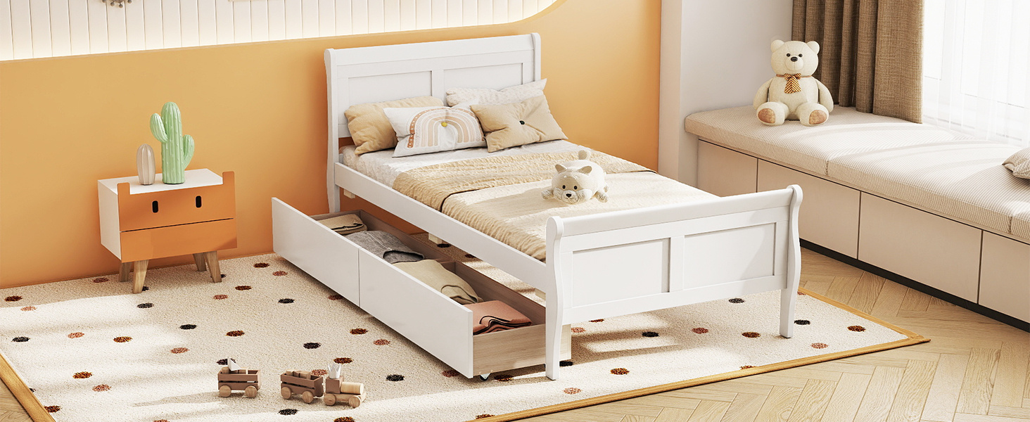 Twin Size Sleigh Bed with 2 Storage Drawers Wood Platform Bed Frame