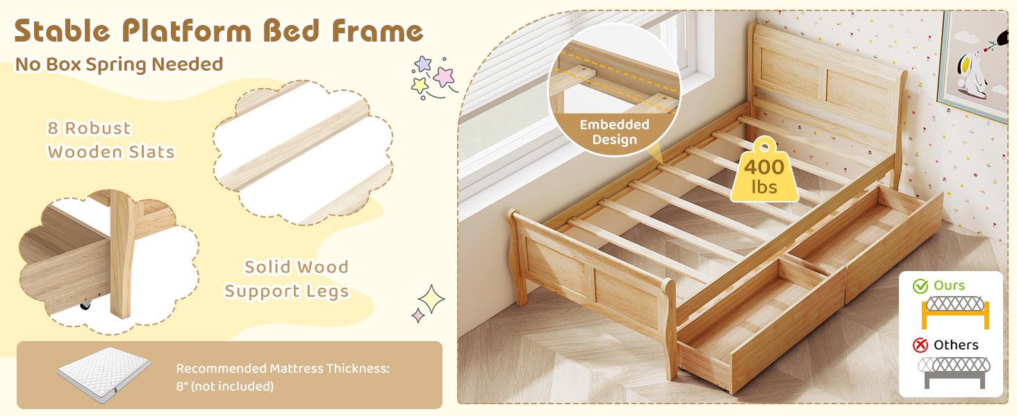 Twin Size Sleigh Bed with 2 Storage Drawers Wood Platform Bed Frame