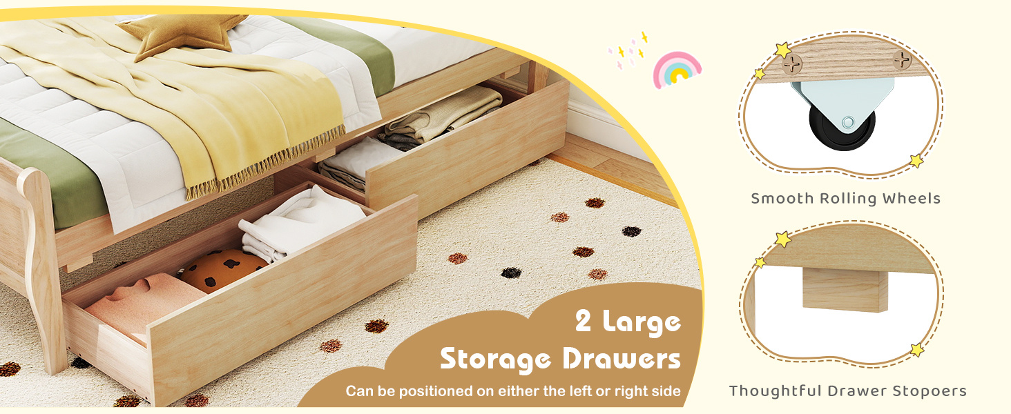 Twin Size Sleigh Bed with 2 Storage Drawers Wood Platform Bed Frame