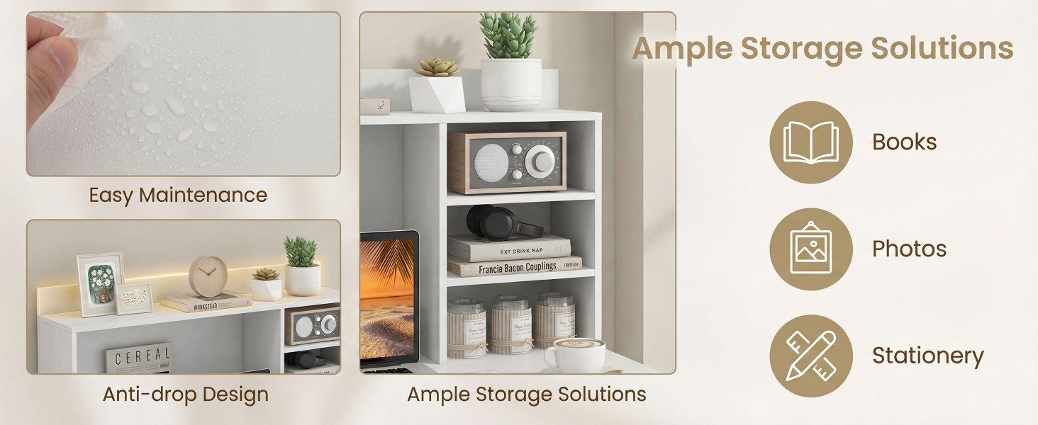 Modern Computer Desk with Hutch and Storage Shelves