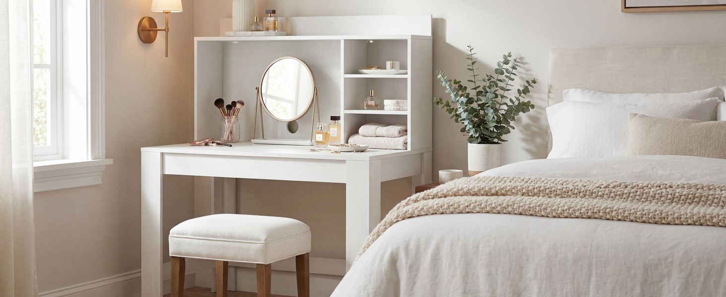 Modern Computer Desk with Hutch and Storage Shelves