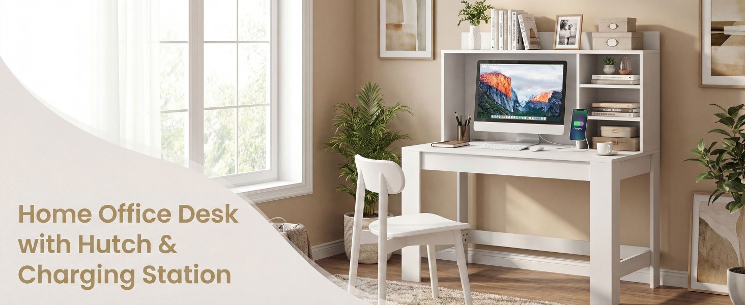 Modern Computer Desk with Hutch and Storage Shelves