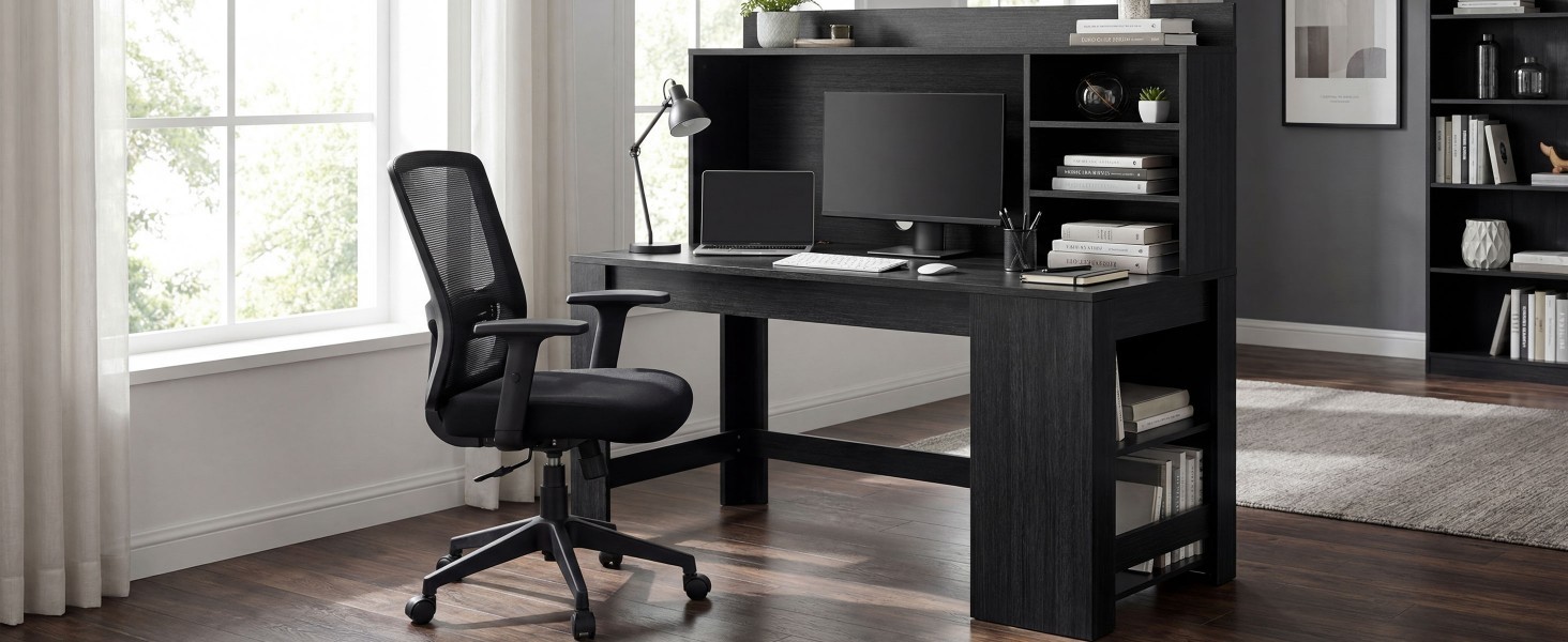 Modern Computer Desk with Hutch and Storage Shelves