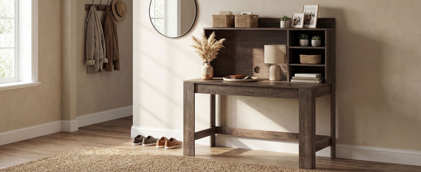 Modern Computer Desk with Hutch and Storage Shelves
