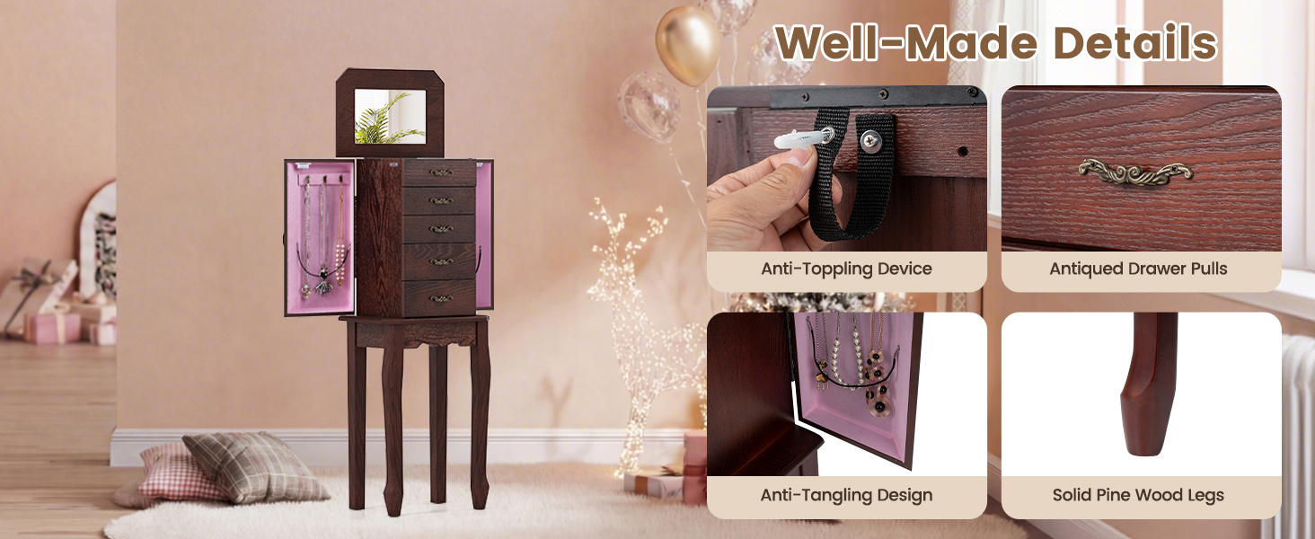 Standing Jewelry Box with 4 Drawers and 2 Side Doors
