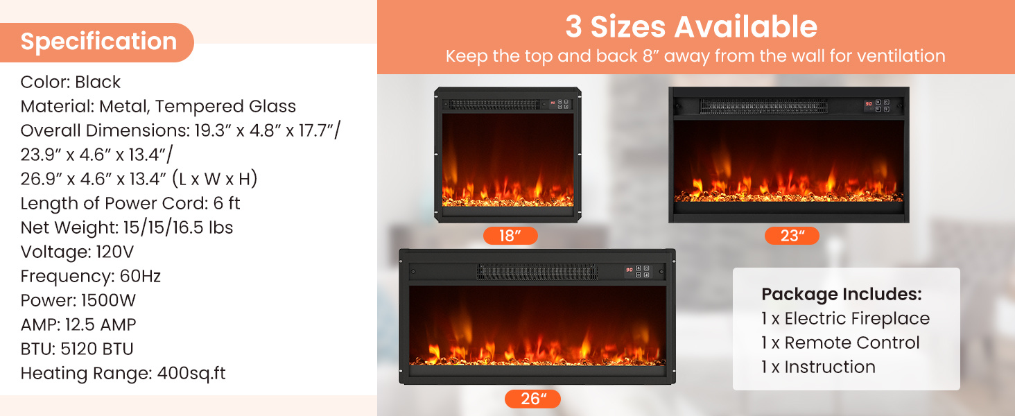18/23/26 Inch 1500W Electric Fireplace Insert with Remote Control