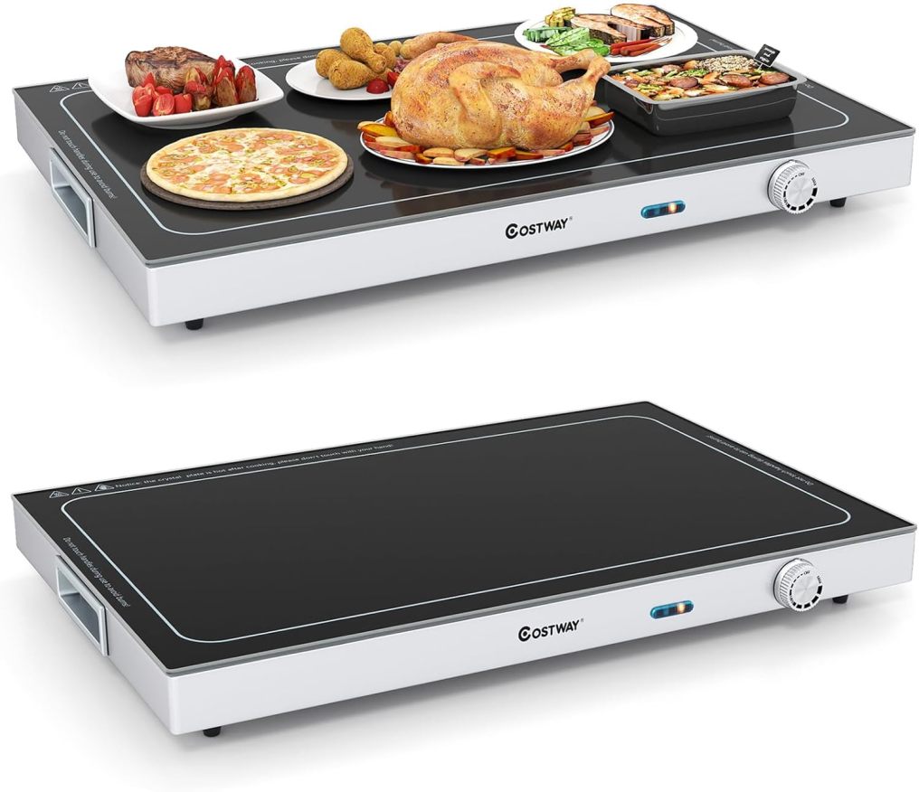 Electric Warming Tray with Adjustable Temperature & Built-In Handles, Tempered Glass Top Food Warmer with Thermostat for Buffets, Parties and Events