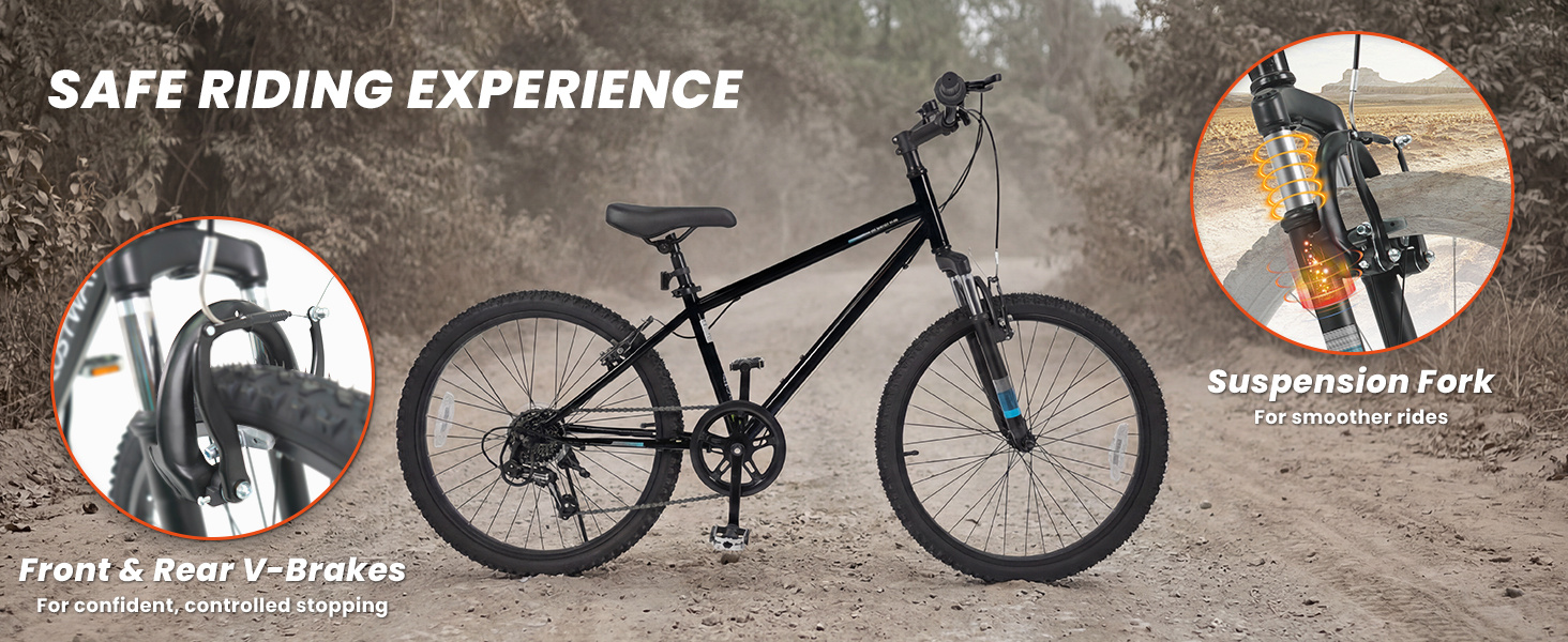 Kids Mountain Bike 20 24 Inch Child Bicycle for Boys Girls Aged 8+ Years Old Black