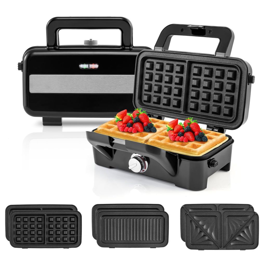 3 in 1 Waffle Iron, Panini Press Grill and Sandwich Maker Set with Removable Non-Stick Plates, Electric Grilled Cheese Maker with Indicator Lights and Portable Cool Touch Handle, Easy to Clean