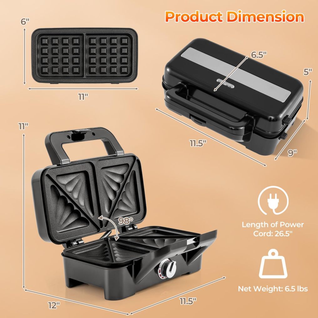 3 in 1 Waffle Iron, Panini Press Grill and Sandwich Maker Set with Removable Non-Stick Plates, Electric Grilled Cheese Maker with Indicator Lights and Portable Cool Touch Handle, Easy to Clean