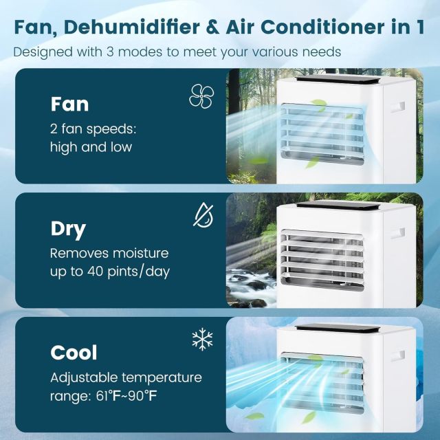 ARLIME 8000 BTU Portable Air Conditioner, 3 in 1 AC Unit, Fan & Dehumidifier w/Sleep Mode, 24H Timer, LED Display