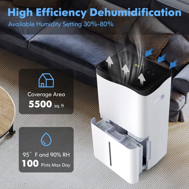 ARLIME Dehumidifier for Home and Basements, 100 Pint Dehumidifier Rooms up to 5500 Sq. Ft with Smart App & Alexa Voice Control