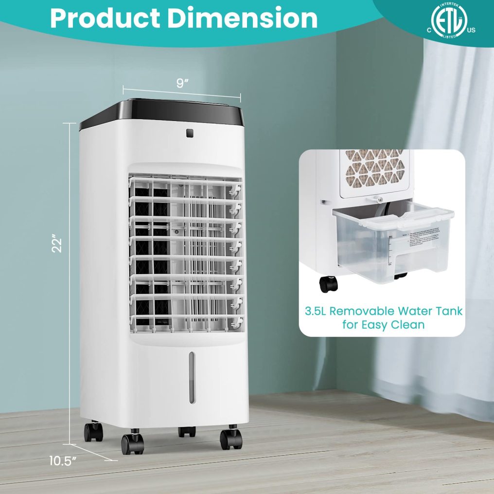 Evaporative Air Cooler, 3-in-1 Portable Quiet Swamp Cooler and Humidifier with Remote, 4 Modes, 70° Oscillation