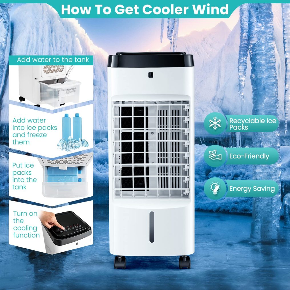 Evaporative Air Cooler, 3-in-1 Portable Quiet Swamp Cooler and Humidifier with Remote, 4 Modes, 70° Oscillation