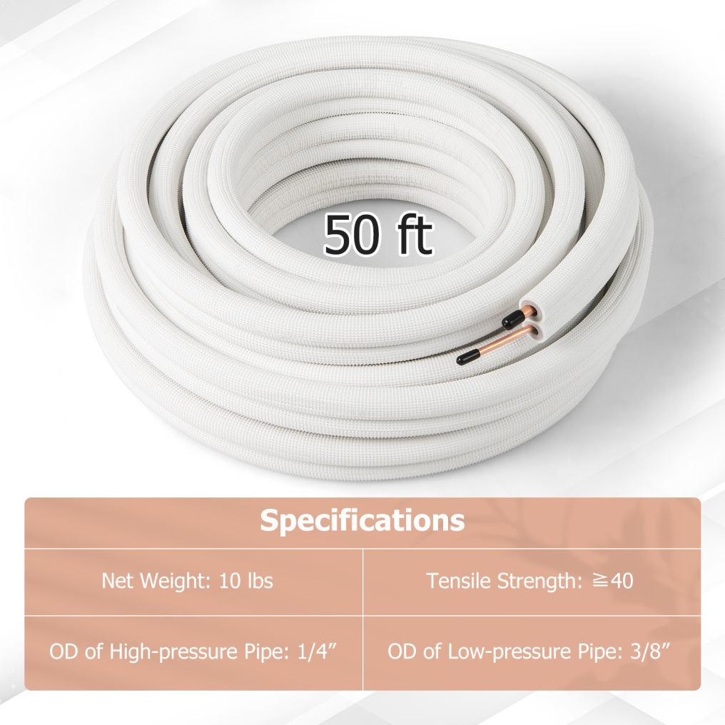 50 Feet Mini Split Line Set with 1/4 Inch and 3/8 Inch O.D. Copper Pipes Tubing
