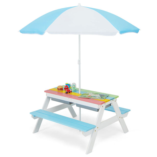 3-in-1 Kids Outdoor Picnic Water Sand Table with Removable Umbrella and Boxes