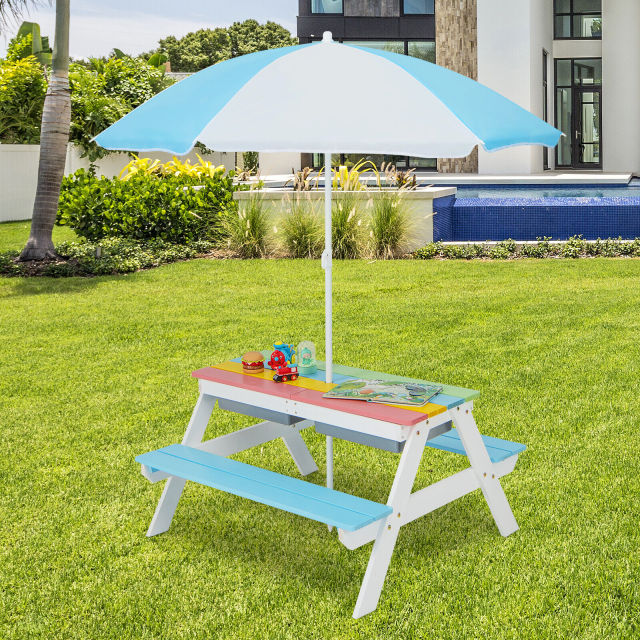 3-in-1 Kids Outdoor Picnic Water Sand Table with Removable Umbrella and Boxes
