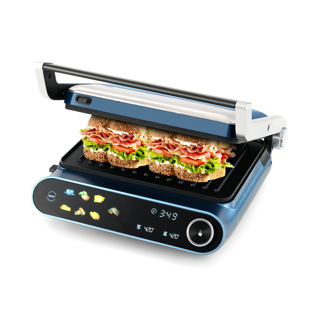 1200W Panini Press Grill with LED Display and 7 Grilling Modes-Blue
