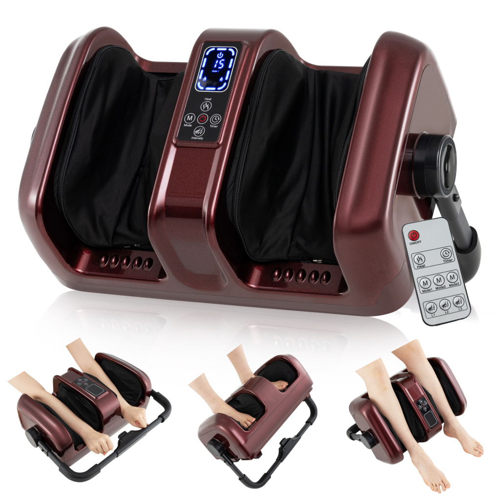 Foot and Calf Massager with Heat Shiatsu Deep Kneading Rolling Smart Electric Leg Massager-Red