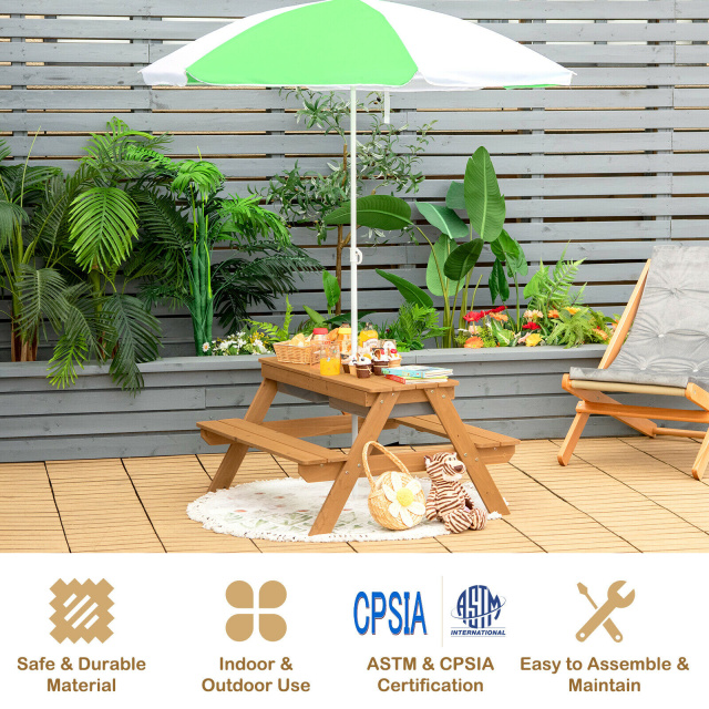 3-in-1 Kids Outdoor Picnic Water Sand Table with Removable Umbrella and Boxes