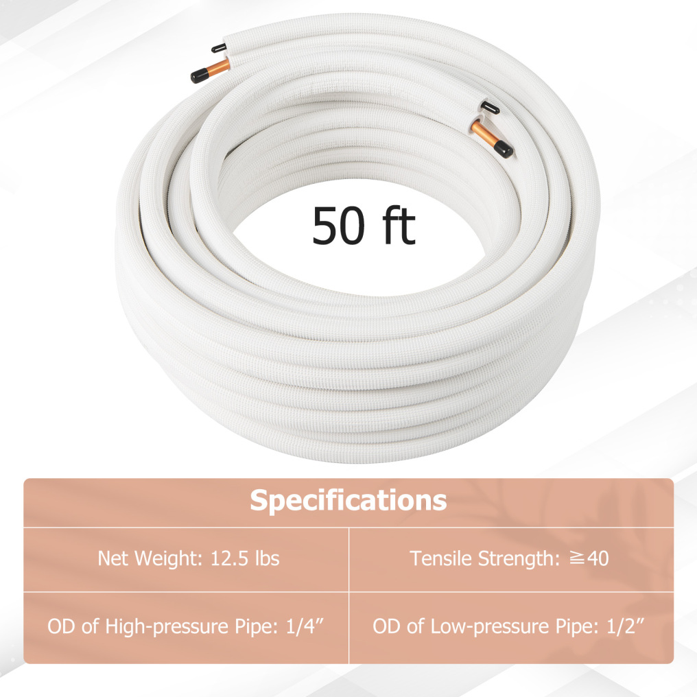 50 Feet Mini Split Line Set with 1/4 Inch and 1/2 Inch O.D. Copper Pipes Tubing